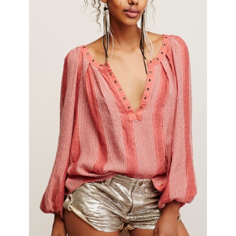 Free People Against All Odds Grommet Blouse Rose Pink Metallic Stripe Boho S